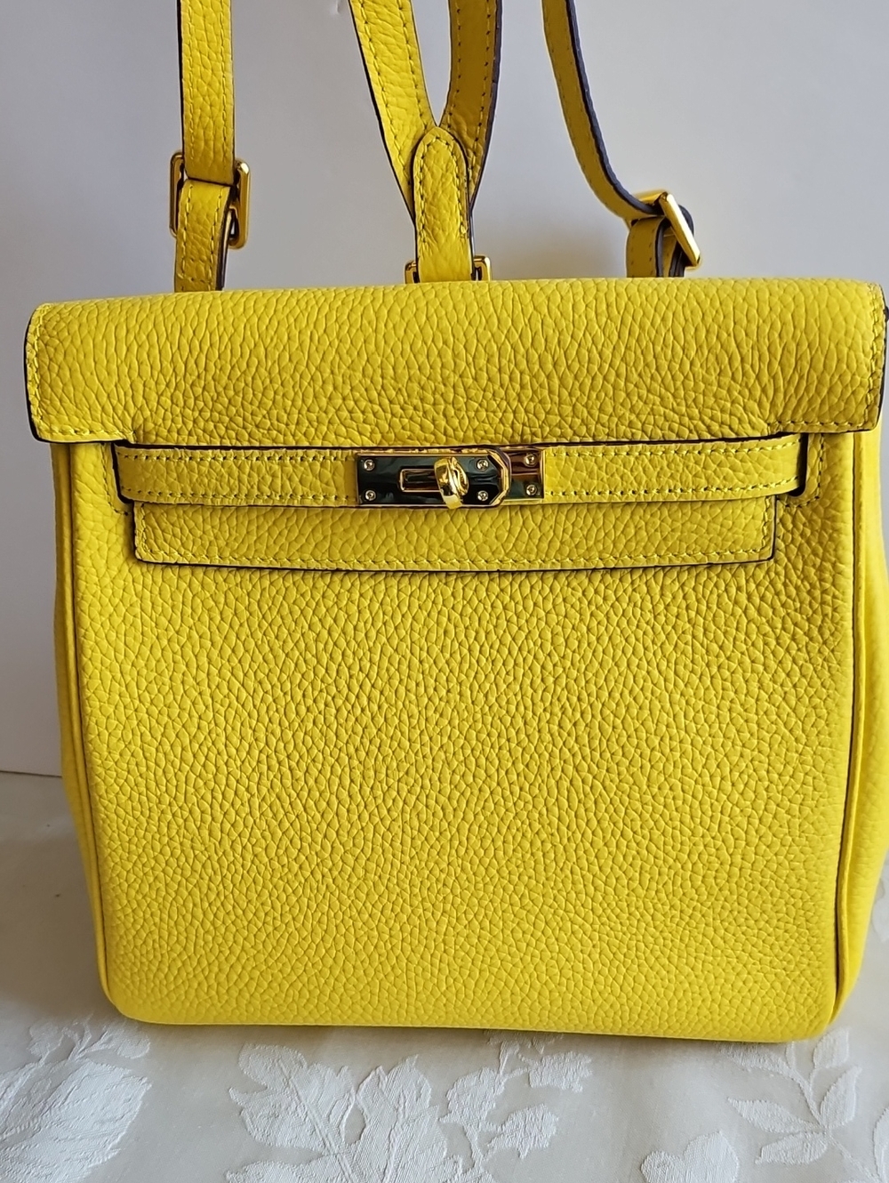 Yellow Textured Leather Backpack with Gold-Tone Hardware